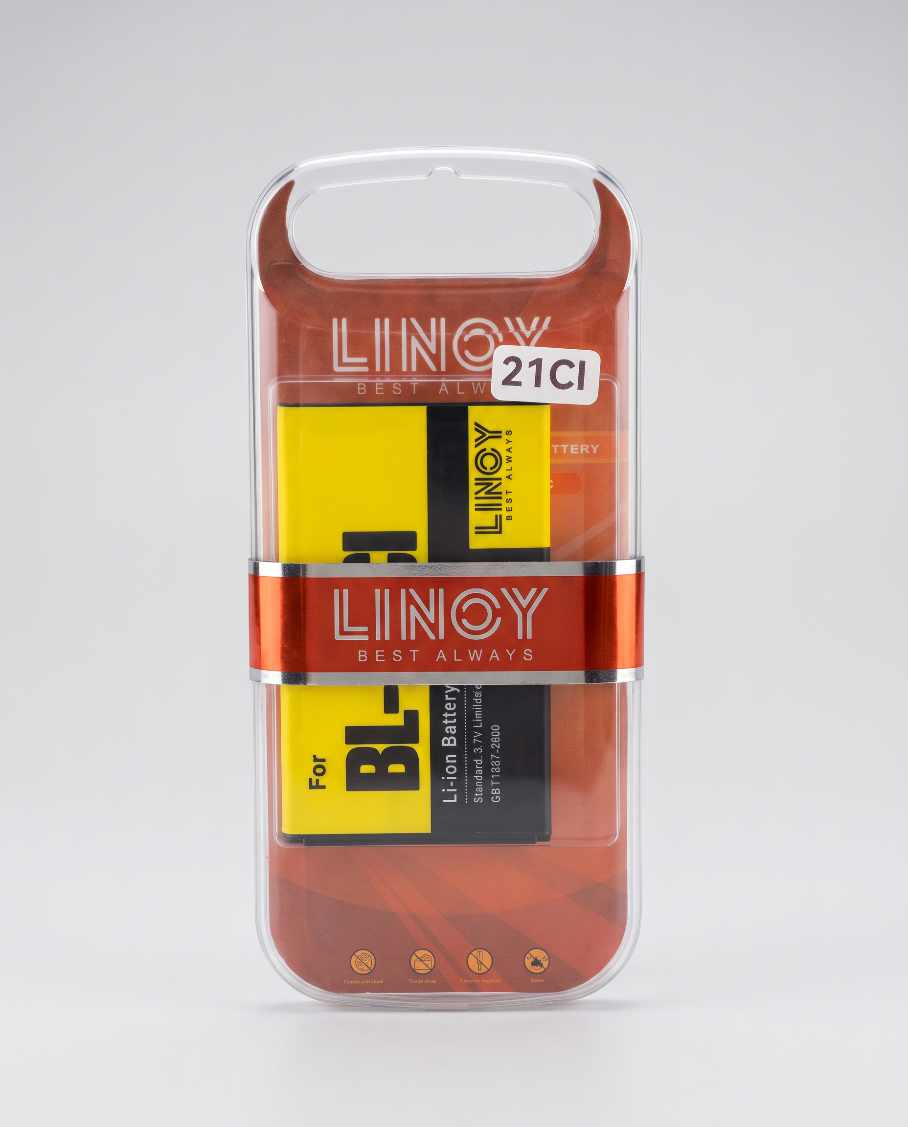 LINOY BL-21CI battery in a sealed orange LINOY clamshell pack